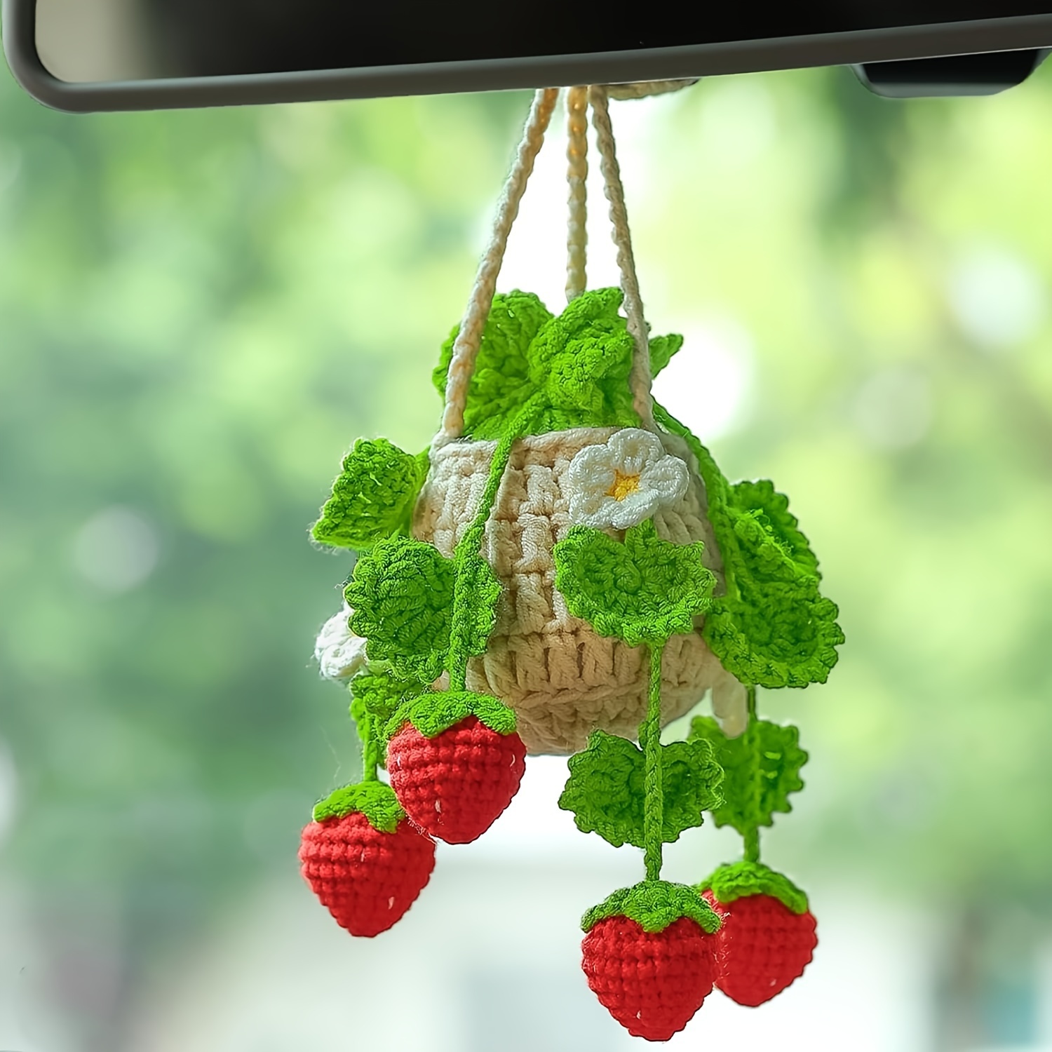 1pc Adorable Strawberry Car Pendant - Hand-Crocheted, Rearview Mirror Decorative Accessory with Cute Knitting Design, Creative Car Interior Decoration, Unique Gift Idea