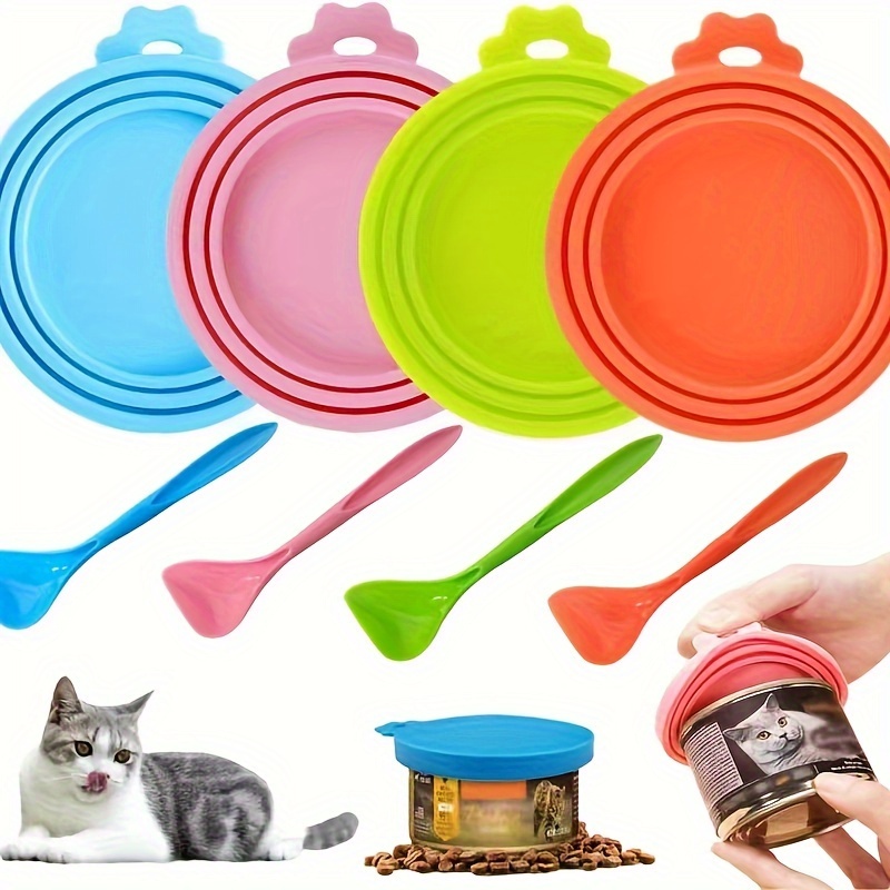 Silicone Cat Food Can Cover with Spoon Set, Reusable and Washable Pet Feeding Supplies for Cat Food Storage and Serving