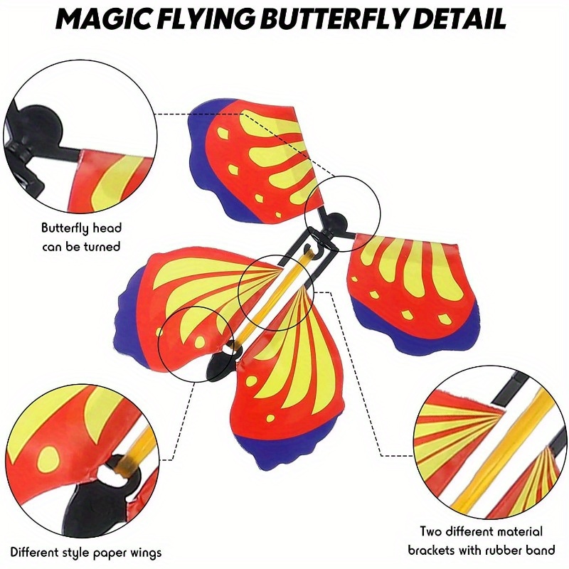 5/10 Pack Magic Clockwork Flying Butterfly Rubber Band Powered Magic Fairy Flying Toy Bookmark Greeting Card Surprise Gift Party Favor (Random Colors)