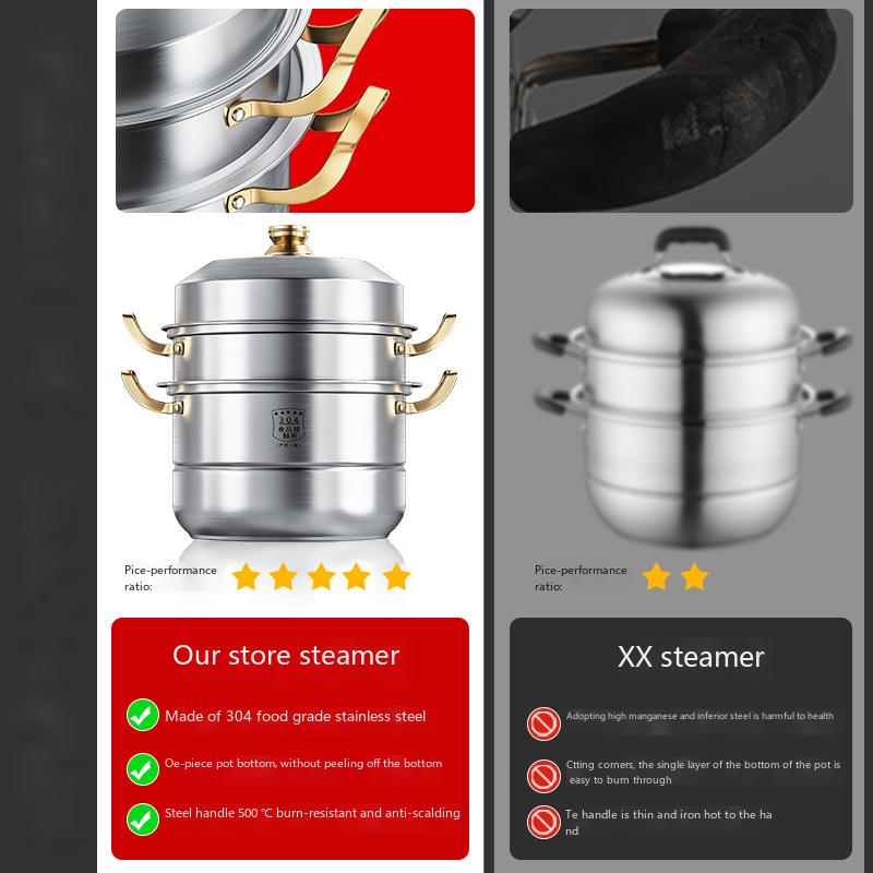 Steamer 304 stainless steel thickened steamer multi-layer household steamer large capacity stew induction cooker gas gas stove