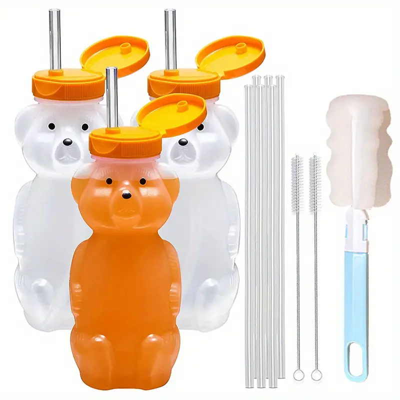 3pcs Honey Bear Sippy Cup with 6 Soft Silicone Straws - Reusable and Durable for Daily Use!