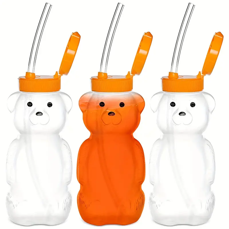 3pcs Honey Bear Sippy Cup with 6 Soft Silicone Straws - Reusable and Durable for Daily Use!