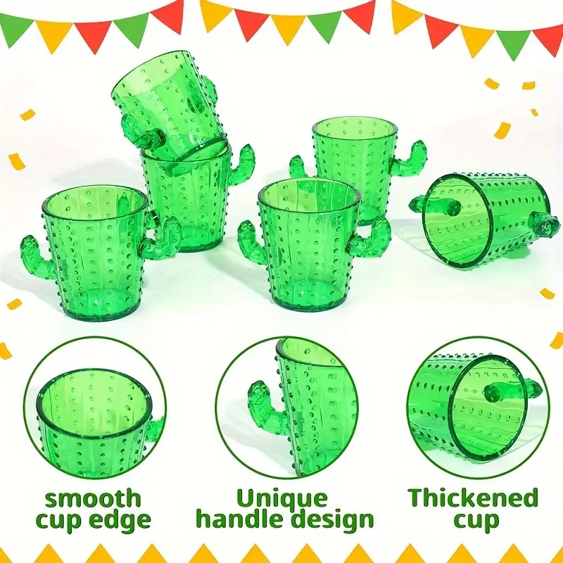 12-Piece Cactus Shot Glasses - 2Oz Mini Plastic Tequila Cups With Flower Handles For Cinco De Mayo, Bachelor Parties & Carnival Celebrations