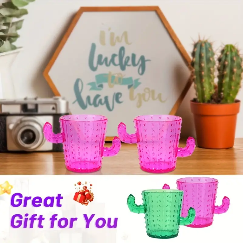 12-Piece Cactus Shot Glasses - 2Oz Mini Plastic Tequila Cups With Flower Handles For Cinco De Mayo, Bachelor Parties & Carnival Celebrations