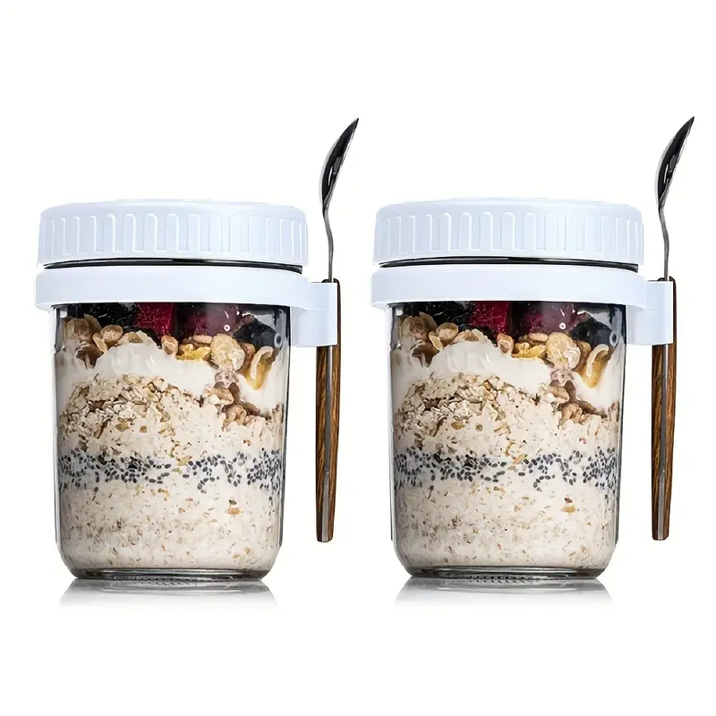 2pcs Portable Oatmeal and Yogurt Breakfast Cup with Sealed Lid, Spoon, and Glass Mason Jar - Perfect for On-the-Go Meals and Snacks