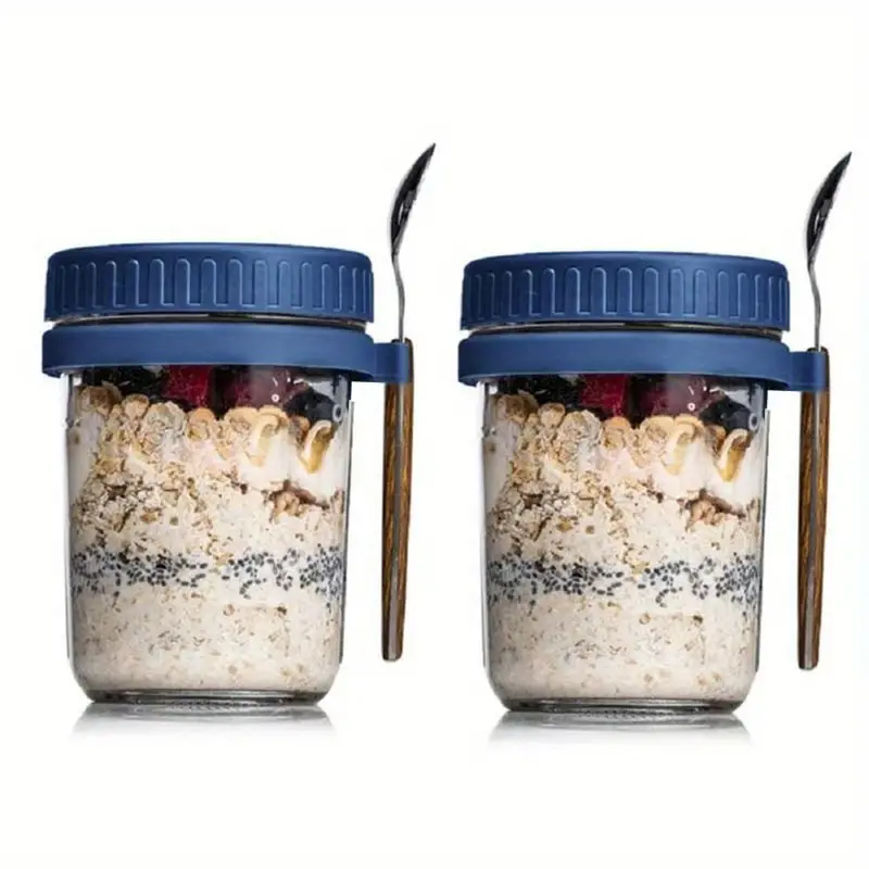 2pcs Portable Oatmeal and Yogurt Breakfast Cup with Sealed Lid, Spoon, and Glass Mason Jar - Perfect for On-the-Go Meals and Snacks