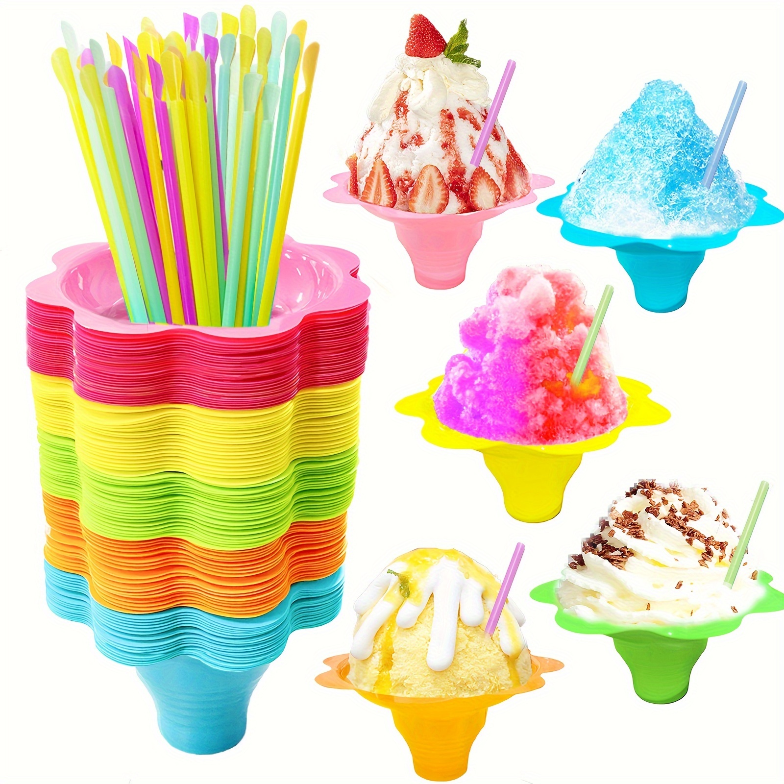 200pcs 4oz Vibrant Snow Cone Cups with Spoons & Straws - Reusable Floral Dessert and Snack Containers for Young Attendees' Parties, Birthdays, and Summer Festivities