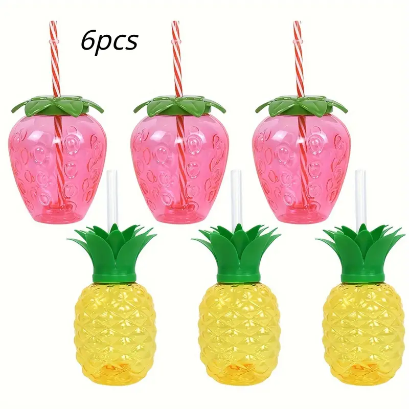 6pcs 500ml Fun and Unique Pineapple and Strawberry-Shaped Drinking Cup with Straw - Perfect for Summer Parties and Outdoor Activities