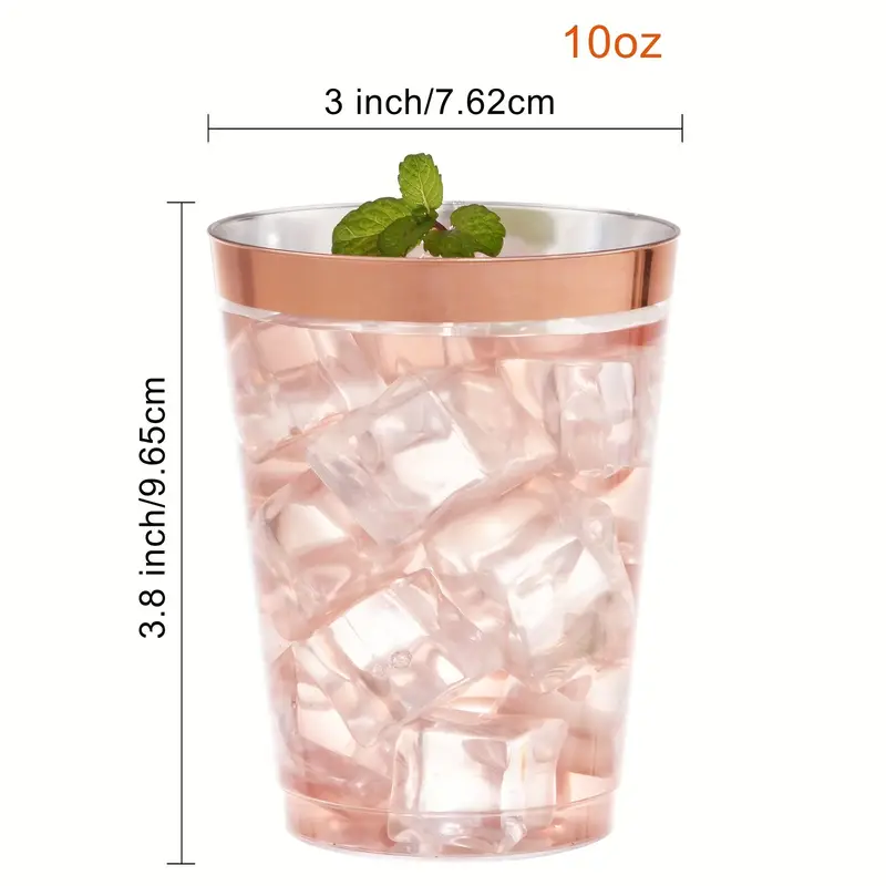 20pcs, Elegant Rose Gold Rimmed Plastic Cups - 10 Oz Disposable Wine Glasses for Weddings, Parties, and Special Occasions - Hand Washable and Reusable