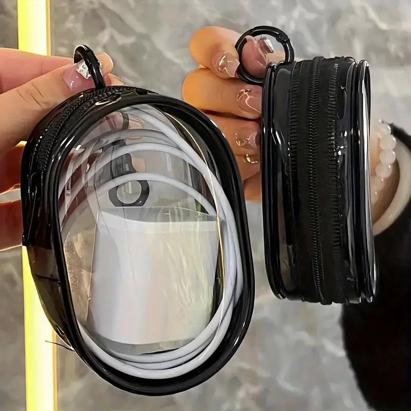 Portable Mini Clear Zipper Storage Bag, Compact Multifunctional Organizer, Earphone And Charger Case With Keychain Loop, Transparent Travel Accessory