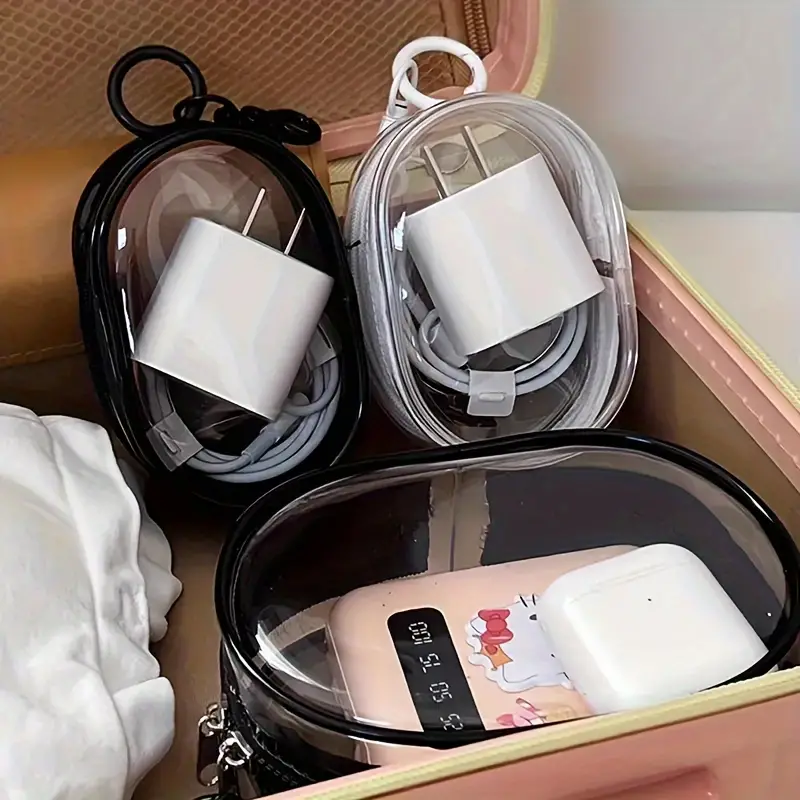 Portable Mini Clear Zipper Storage Bag, Compact Multifunctional Organizer, Earphone And Charger Case With Keychain Loop, Transparent Travel Accessory