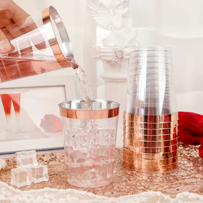 20pcs, Elegant Rose Gold Rimmed Plastic Cups - 10 Oz Disposable Wine Glasses for Weddings, Parties, and Special Occasions - Hand Washable and Reusable