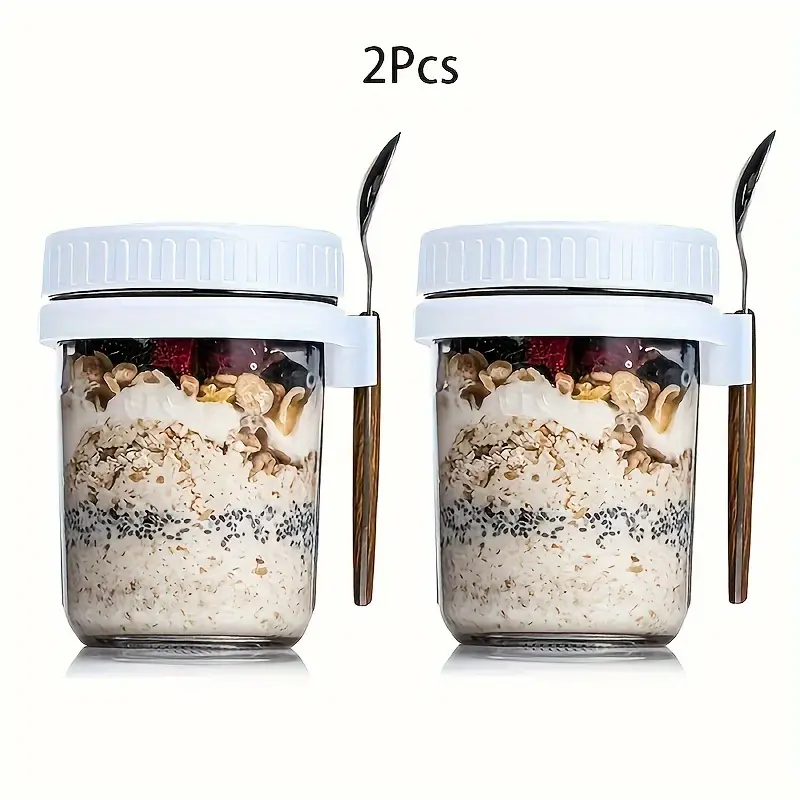 2pcs Portable Oatmeal and Yogurt Breakfast Cup with Sealed Lid, Spoon, and Glass Mason Jar - Perfect for On-the-Go Meals and Snacks