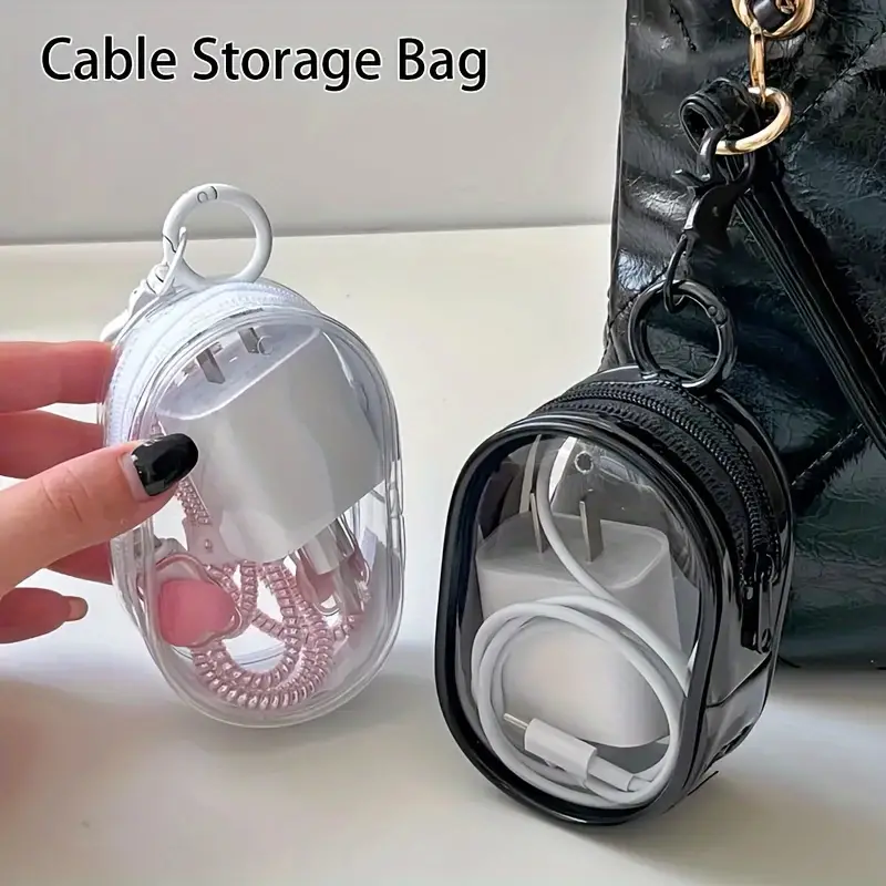 Portable Mini Clear Zipper Storage Bag, Compact Multifunctional Organizer, Earphone And Charger Case With Keychain Loop, Transparent Travel Accessory