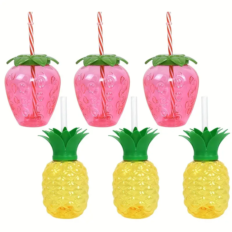 6pcs 500ml Fun and Unique Pineapple and Strawberry-Shaped Drinking Cup with Straw - Perfect for Summer Parties and Outdoor Activities