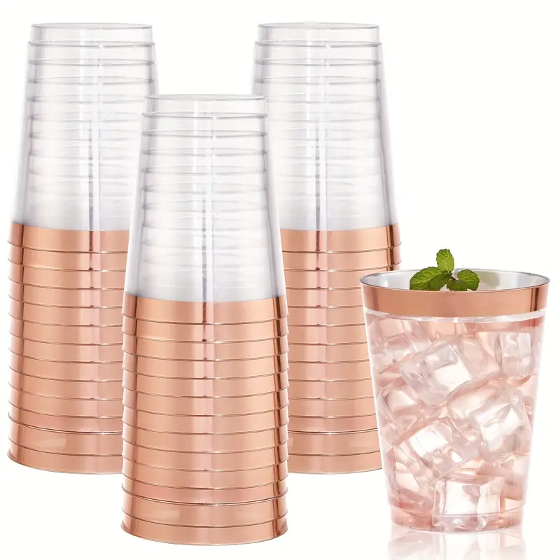 20pcs, Elegant Rose Gold Rimmed Plastic Cups - 10 Oz Disposable Wine Glasses for Weddings, Parties, and Special Occasions - Hand Washable and Reusable