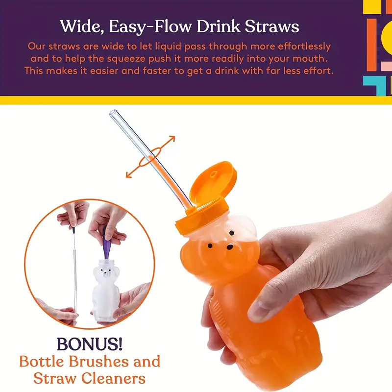 3pcs Honey Bear Sippy Cup with 6 Soft Silicone Straws - Reusable and Durable for Daily Use!