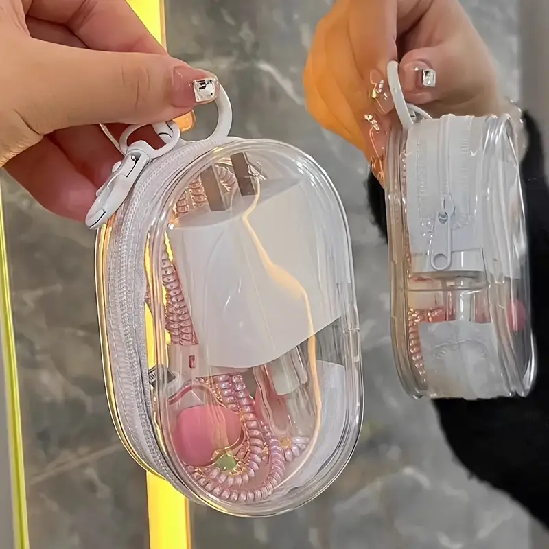 Portable Mini Clear Zipper Storage Bag, Compact Multifunctional Organizer, Earphone And Charger Case With Keychain Loop, Transparent Travel Accessory